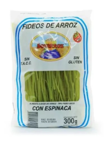 Fideos de arroz con espinaca - sin TACC- SOYARROZ